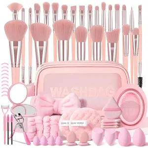 63-Piece Pink Makeup Brush Kit, Cosmetic Brush Set, Makeup Brush Full Set, Makeup Brushes Kits, Multifunctional Brushes with Storage Bag, Makeup Sponges, Puffs, Eye Makeup Tools, Headband & Wristbands, Mirror, Makeup Brush Cleaner Bowl, Cleaning Sponge