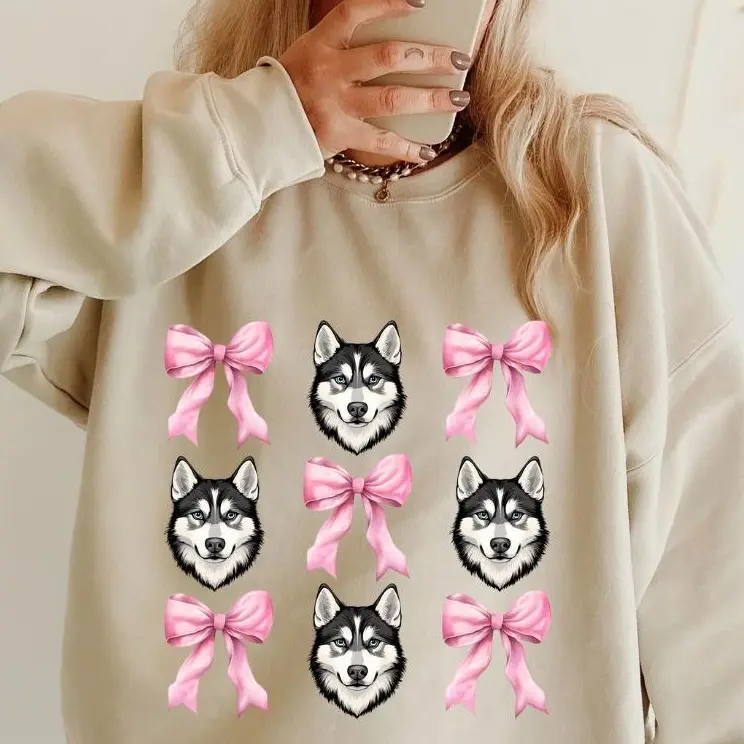Husky with Bows Sweatshirt ~ Sweatshirt Unisex Apparel Relaxed Fit Printed in the USA Clothing Womenswear Casual and Comfortable