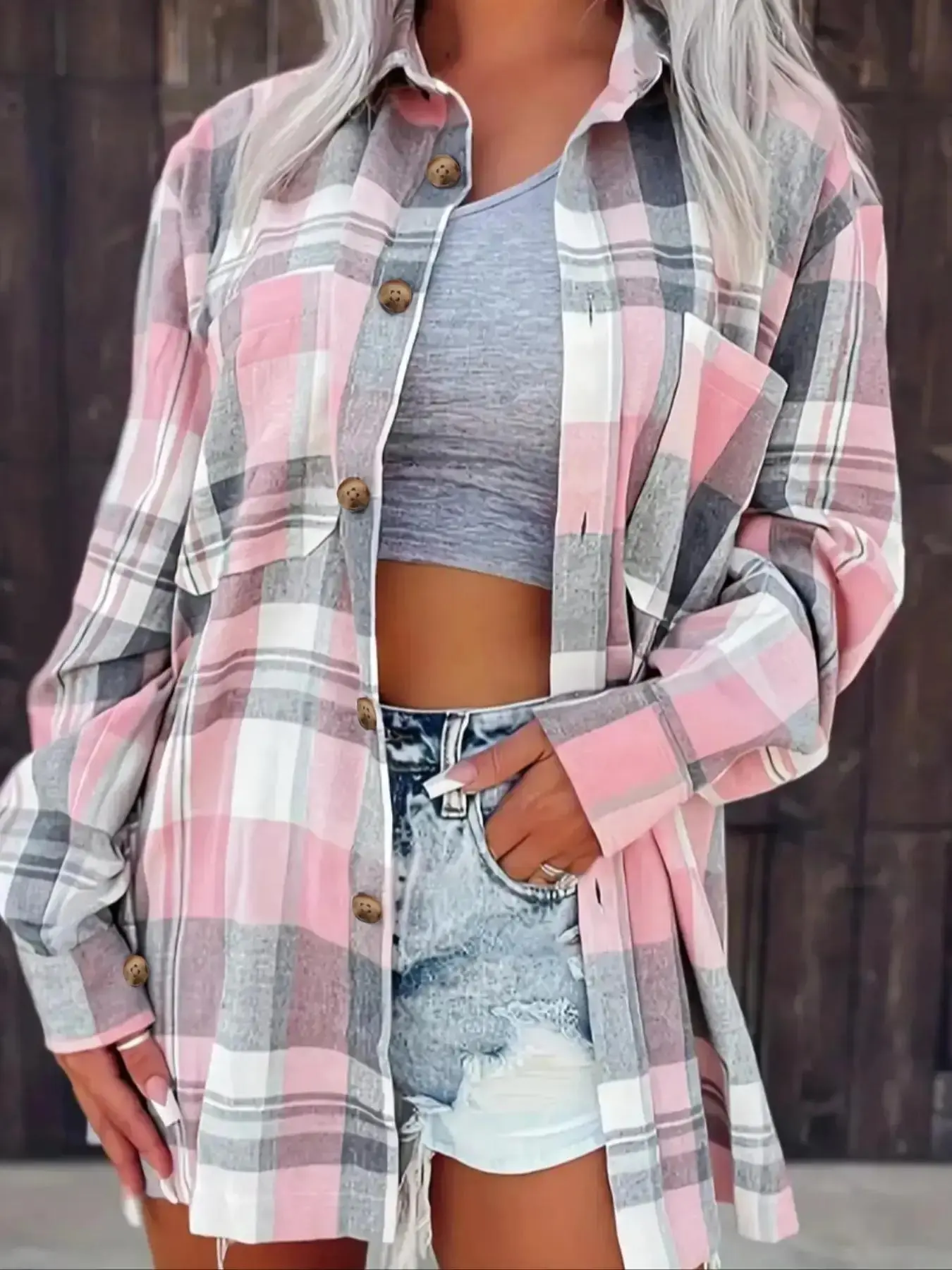 Women's Plaid Print Casual Fashion Collared Button Front Drop Shoulder Button Up Shirt Blouse, Casual Long Sleeve Pocket Top for Spring & Fall, Women's Clothes, Button Decor Shirts, Blouses Shirts Tops