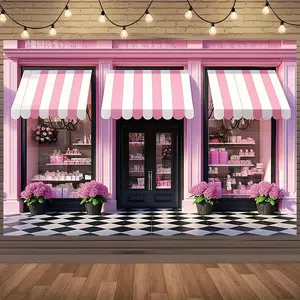 2D flat banner, 1pc, Charming Parisian-Style Pink & White Striped Awning - Quaint Boutique or Patisserie Storefront Decor with Pink Hydrangea Accents, Inviting Facade for Birthdays, Confirmations, or Special Events, Cafe Decor wjt