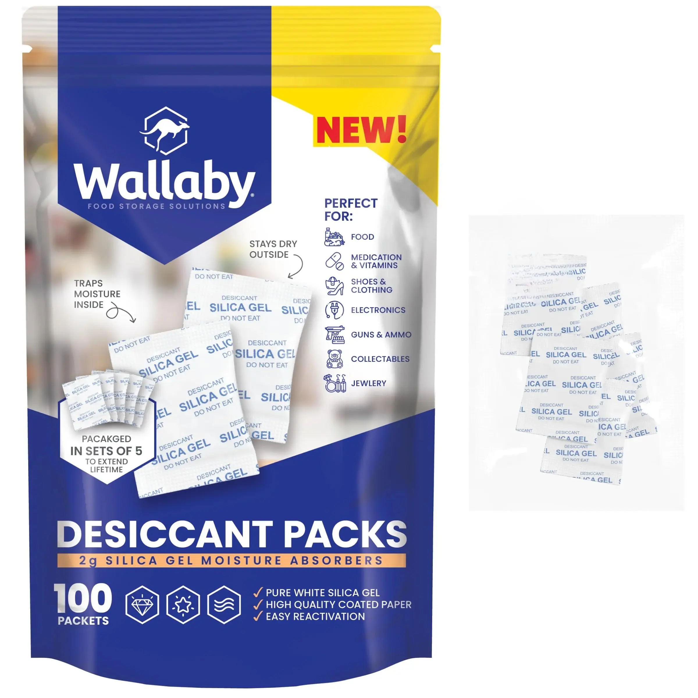 Wallaby 2 gram Silica Gel Desiccant Dehumidifier Packs (100 Packets) Food Safe Pure White - Rechargeable Moisture Absorbers