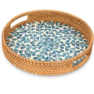 Handmade Large Bohemian Round Rattan Serving Tray with Handles, Mother of Pearl Inlay Wooden Base, Decorative Wicker Kitchen & Tableware Plate Holder