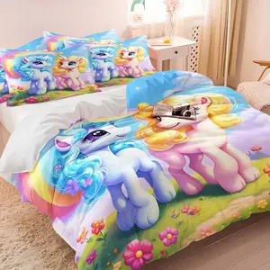 Dreamy Rainbow Unicorn Print Duvet Cover Set, 2/3 Pcs, Includes 1 Count Duvet Cover & 1/2 Pillowcase without Filler, Features bright and soft colors, full of childlike charm, playful and cute, and stylishly versatile, Decorative Duvet Cover