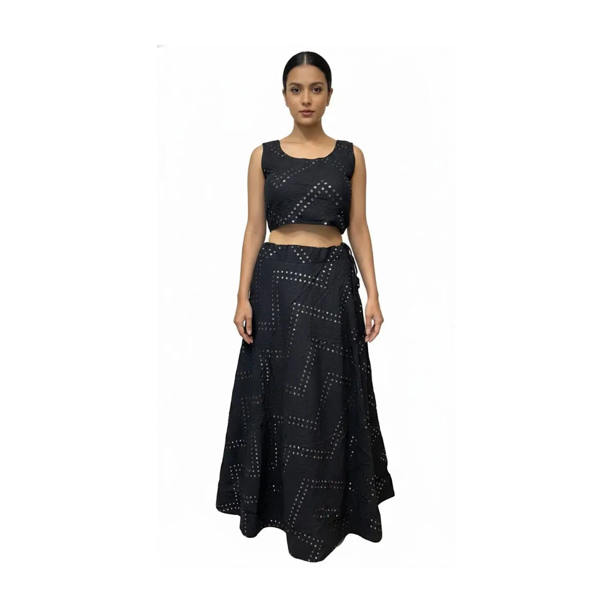 #K10 Black Mirror-Work Lehenga Set – Crop Top + Flared Skirt