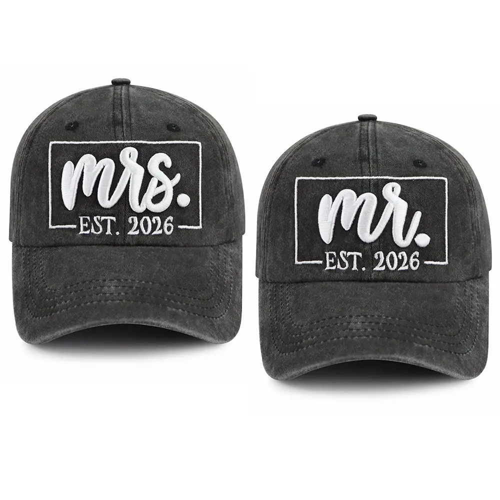 2-Pack Mr and Mrs Est 2026 Baseball Caps, Embroidered Cotton Bridal Accessories for Couples, Adjustable Hat Set for Engagement & Anniversary Gift