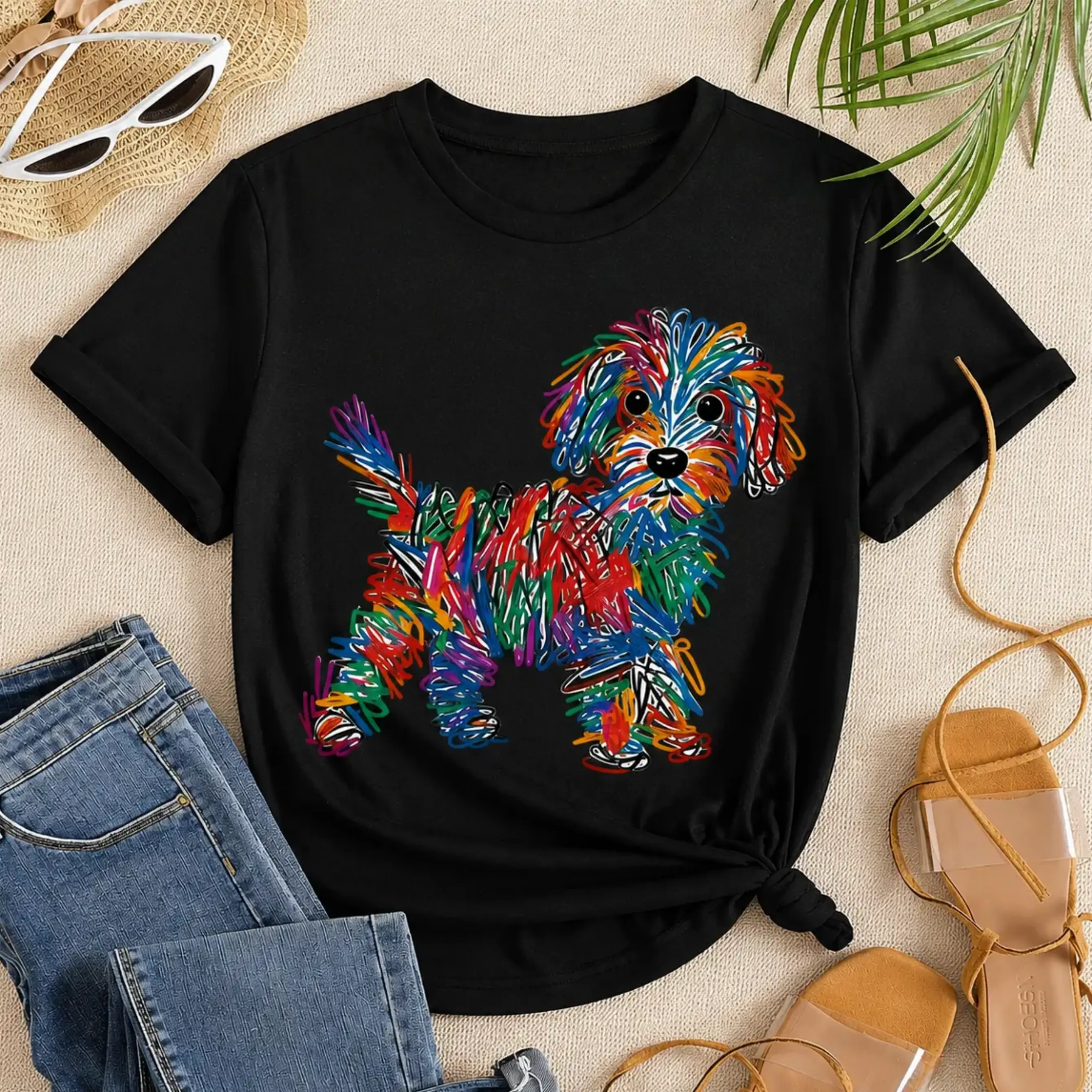 Women's Unisex Printed Tshirt, Rainbow Line Puppy Graphic, Casual Streetwear Crewneck Short Sleeve, Soft Breathable Cotton, Loose Comfortable Fit, Pet Lover Trendy Aesthetic Sports Top Womenswear Summer Crewneck Tshirt Shortsleeve
