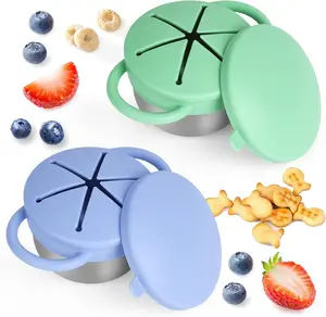 2 Pack Snack Cups for Toddlers Spill Proof - Detachable Stainless Steel Toddler Snack Cups with Silicone Lids & Handles - Dishwasher Safe Snack Container for Mess-Free Snacking