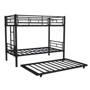 Heavy-Duty Metal Triple Bunk Bed with Trundle, Convertible 3-Person Bunk Bed Frame with Safety Guardrails & Wide Ladder, Noise-Reduced Design, No Box Spring Needed, Black or White
