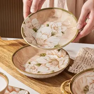 4 Piece Ceramic Dinnerware Set, 8 Inch Floral Design Plates, Durable Daily Use for Home, Dorm, Restaurant, Includes Pasta, Salad, Dessert, Fruit Plates