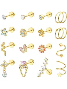 18PCS Cartilage Earring Stud for Women Surgical Steel Flat Back Earrings Couch Hoop Piercing Opal Flower Sanke Helix Tragus Piercing CZ Cartilage Earring Piercing Cubic Zirconia