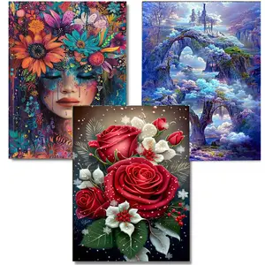 3-piece diamond painting set, landscape and floral diamond art, 5D DIY Christmas painting set, rhinestone embroidery, bedroom wall decoration, size 12x16 inches