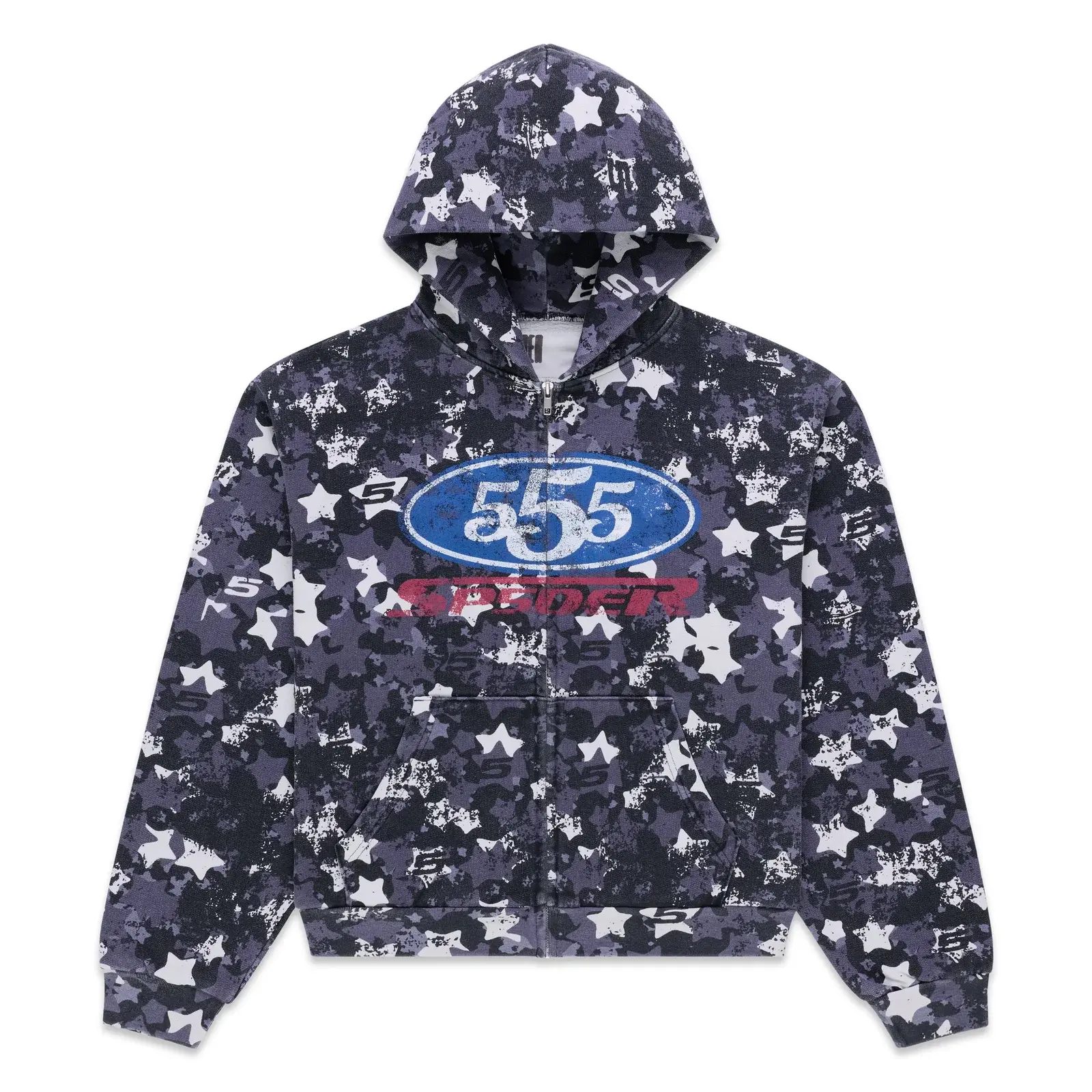 Sp5der R5cing Zip Hoodie Blue Camo – Vintage Hip Hop Y2K Streetwear Sweatshirt, Blue Camouflage Graphic Full Zip Hooded Jacket, Casual Unisex Fashion for Men Women, Fall Winter Outfit Gift