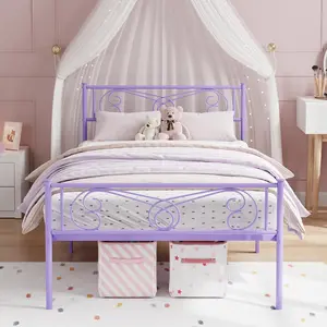 Twin Size Kids All Season Metal Bed Frame, Wrought Iron Headboard and Footboard, Heavy-Duty Support, Noise-Free Slats, No Box Spring Needed, Purple, All Season Bed