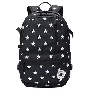 Unisex Star-Print Polyester Backpack, Black with Zipper Closure