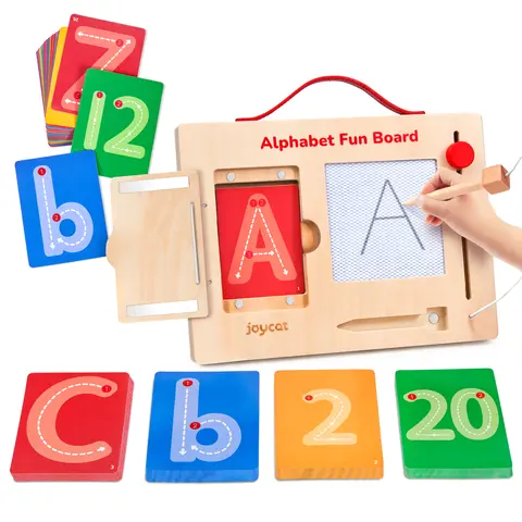JoyCat Solid Wood Multifunction Alphabet Tracing Kit - Montessori Language Toy, Preschool Alphabet Tool, Homeschool Children Development Material, Tracing Board, Magnetic Card Holder, Guided Stroke Cues, Fine Motor Skill Booster, 4+ Yrs Kids' Gift