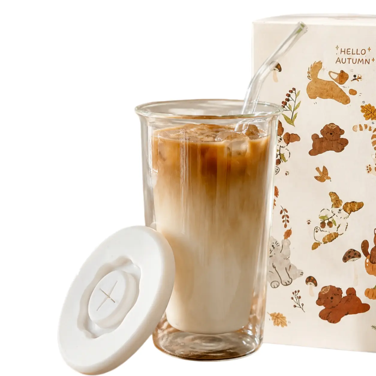 Aesthetic Double Wall Glass Cup with Silicone Lid & Straw, Cute Iced Coffee Tumbler for Girls, Daily Drink Cup Gift-Large Capacity Transparent Water Bottle