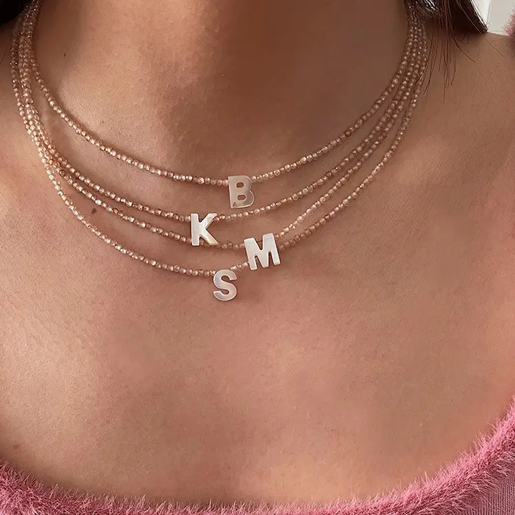 A-Z Letter Shell Choker Necklace for Women, Crystal Beaded Initial Pendant, Layering Necklace, Coastal Chic Jewelry, Euro Summer Beach Vacation Outfit, Clean Girl Aesthetic, Daily Wear Gift