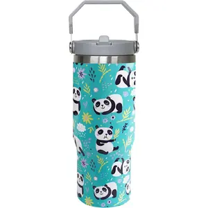 30oz Insulated Wide Mouth Panda Tumbler - Leak-Proof Reusable Stainless Steel Flask with Handle and Straw, Portable Insulated Travel Drinkware for Panda Lovers, Water Bottles for On-the-Go Use,summervibes