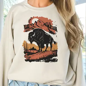 Retro Southwestern Bison Tee Boho Buffalo Shirt Western Midwestern Bison Tshirt American Bison Tee Retro Rodeo Bison Sweatshirt Vintage Bull Tees Womens Gift Tee Western Bison Top