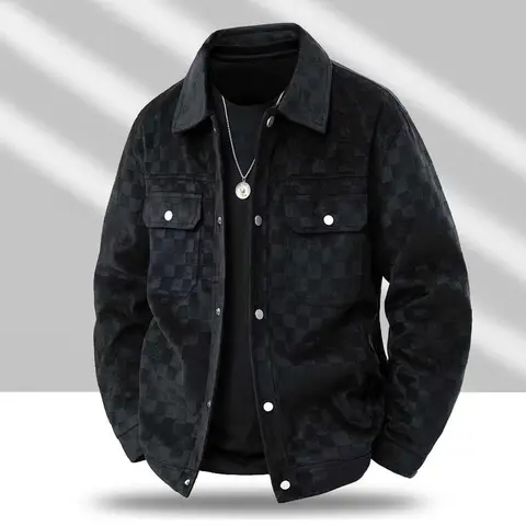 Men’s black patterned long-sleeve jacket — menswear, men’s clothing, featuring a front flap pocket and button closure, a stylish and practical top suitable for autumn.