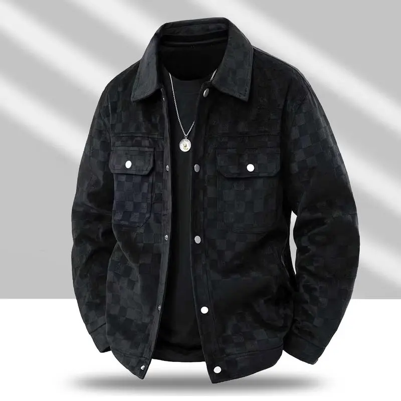 Men's Black Patterned Suede Wool Long Sleeve Coat - Menswear Male Clothing Men’s Clothes with Front Flap Pockets, Button Closure, Autumn-Ready Fashionable Practical Top,summerwins,father'sdaygifts