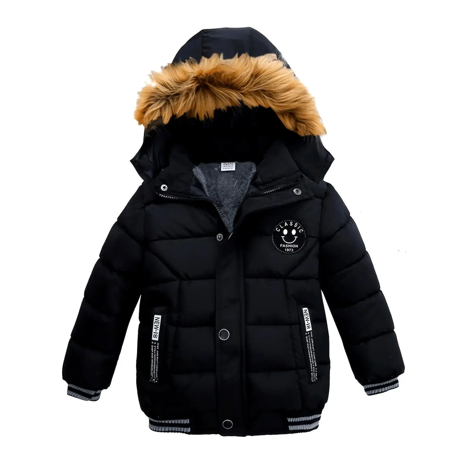 Boys' Casual Alphabet Patched Hooded Winter Coat, Windproof Long Sleeve Woven Polyester Outerwear for Toddlers 1-6 Years, Characters, Regular, 1-2Y, Hooded Jacket