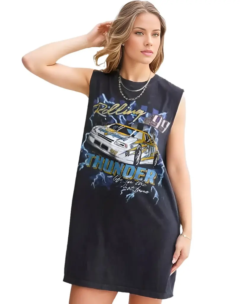 American Highway Women's Distressed Graphic Tank Dress with Rhinestone Accents and Raw Edge, Sleeveless 100% Cotton, Normal Type, 32" on size small, All Seasons, Cold Wash, Pull-On