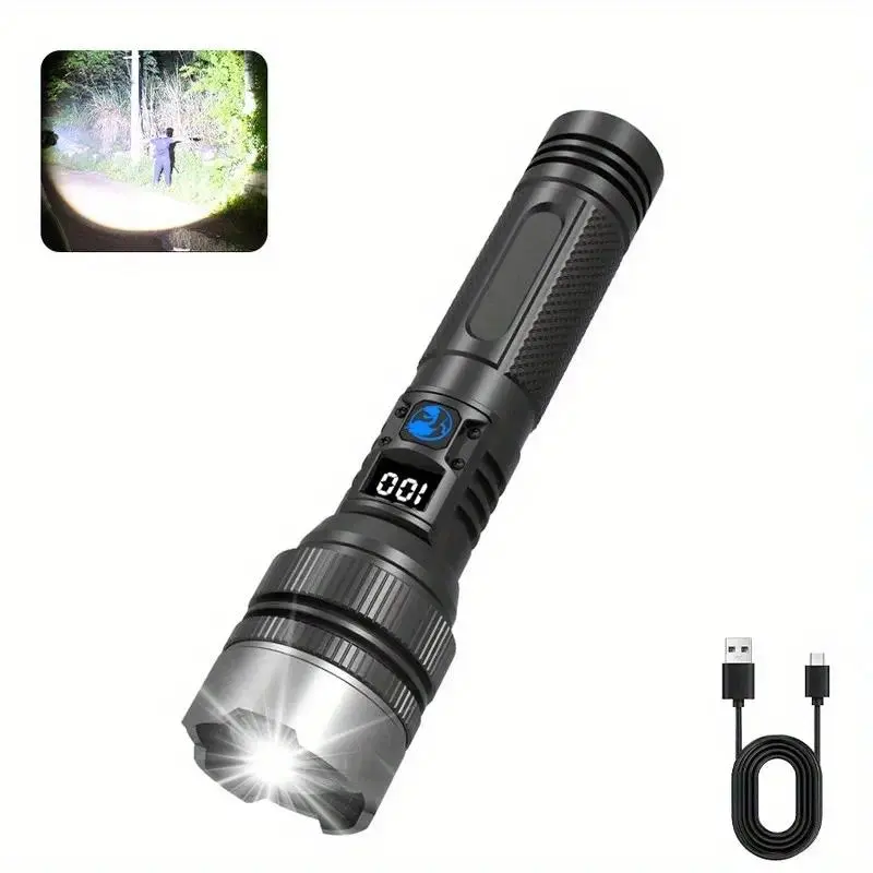 Bright high-power flashlight, digital display USB recharge, retractable, for emergency lighting, survival gear, power outages, durable construction, compact design, bright beam, ideal for hikers and campers, High Powered Flashlight