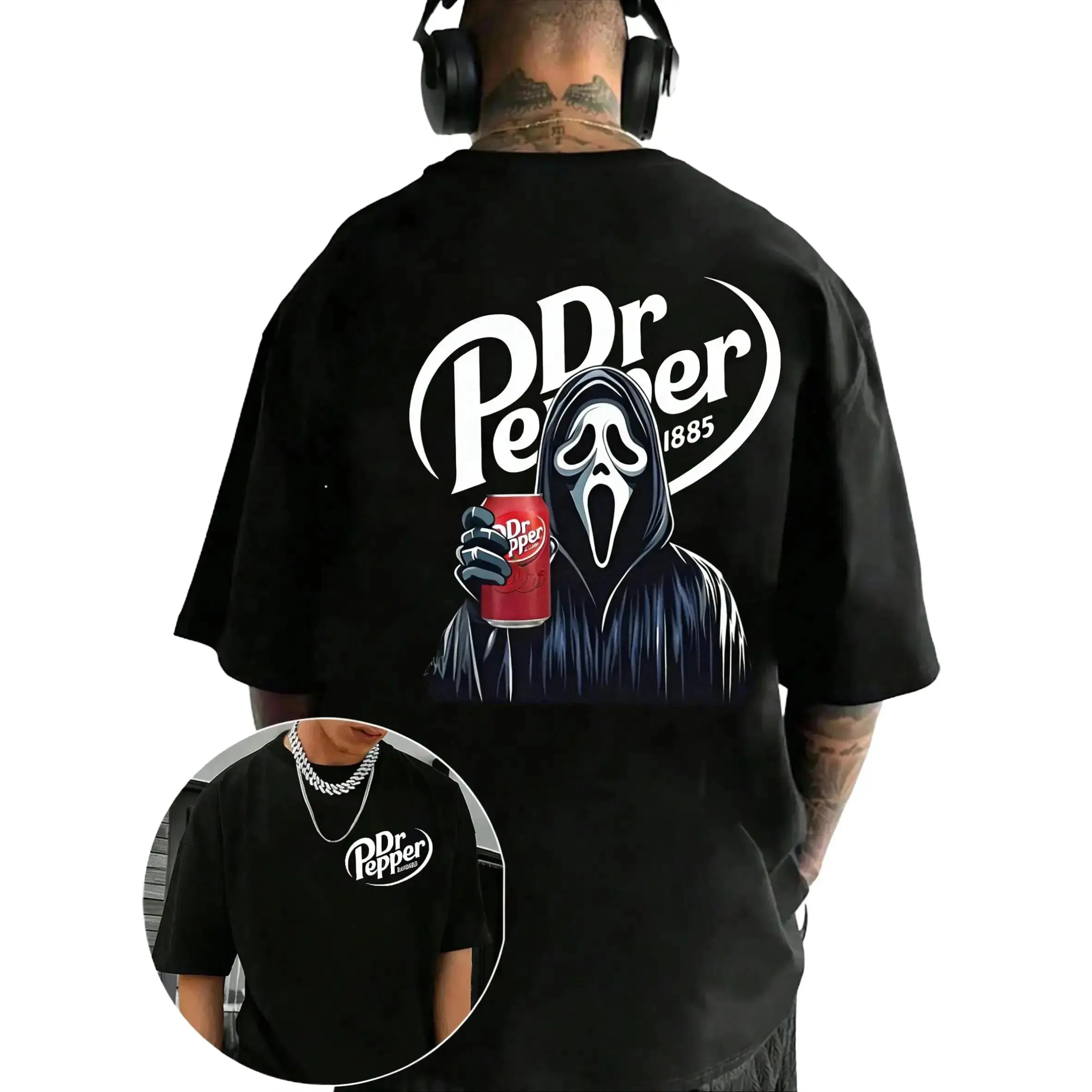 Men's Short-Sleeve Crew Neck Graphic Tee - Ghostface Scream x Dr Pepper Double-Sided Black Vintage Retro Top, Gift for Horror Movie Fans Halloween Birthday, Halloween Outfits, Round Neck, Shortsleeve, Menswear, Tops, Spooky, Novelty, Oversized