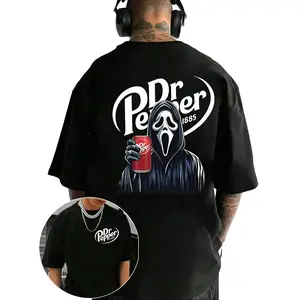 Ghost Face x Dr. Pepper Horror Halloween Double-Sided T-Shirt, 180G Thick Cotton Vintage Graphic Tee, Unisex Couple Fashion Casual Exquisite Cotton Streetwear Tops for Men Women Halloween Outfit