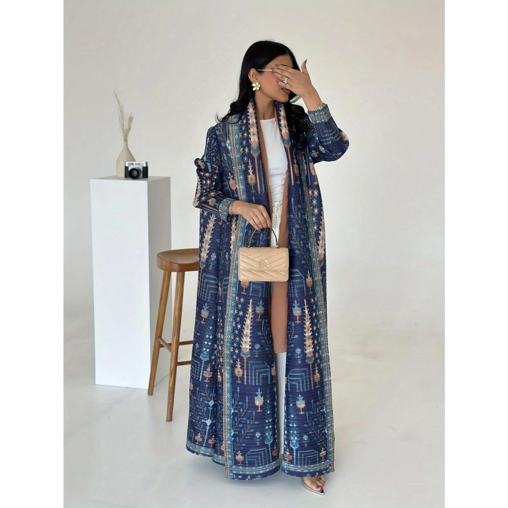 Women's Floral Print Pleated Modesty Abaya, Middle Eastern Style Loose Abayas for Muslim Women, High-Stretch Fabric, Extended Length Robe for Elegant Party & Casual Wear, Abaya Fashion