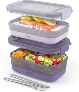 Ello 2-Pack Bento Box Lunch Stack Plastic Food Storage Container | Leak-Proof Locking Plastic Lids | Silicone Base | BPA-Free | Freezer Microwave and Dishwasher Safe | Wisteria