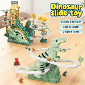 Dinosaur Climbing Slide Toy With Interactive Race Track and Mini Dinosaur Cars, Double Loop Track, Lights & Music, Stair Climbing Toy for Kids, Perfect Birthday and Christmas Gift
