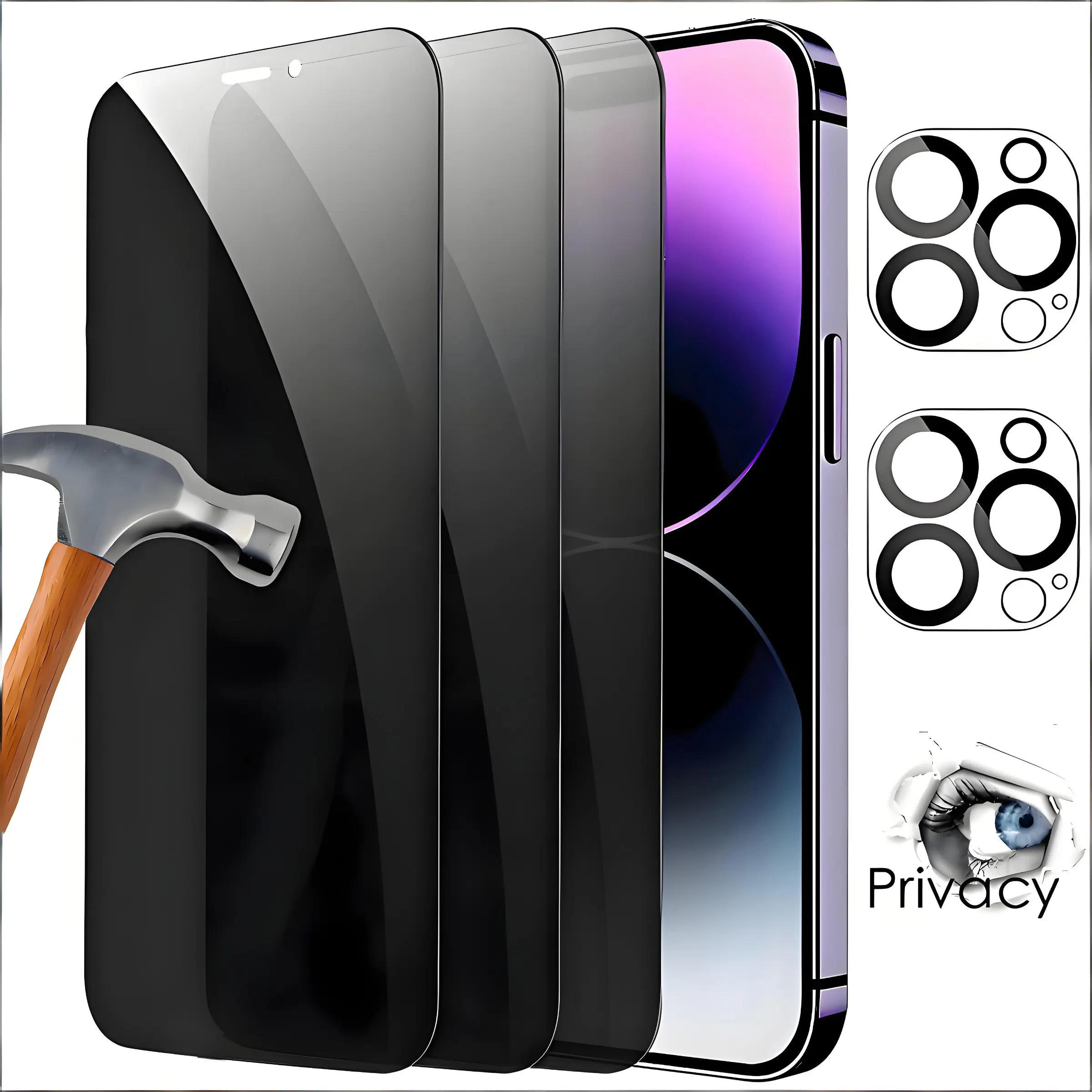 5in1 Privacy Tempered Glass Protective Screen Protector Set for Cellphone Smartphone Iphone 11/13/14/12/15 Pro Max 16 17 Pro Max - 3 PCS with 2 PCS Camera Lens Protectors Accessories Mobile Devices Accessory