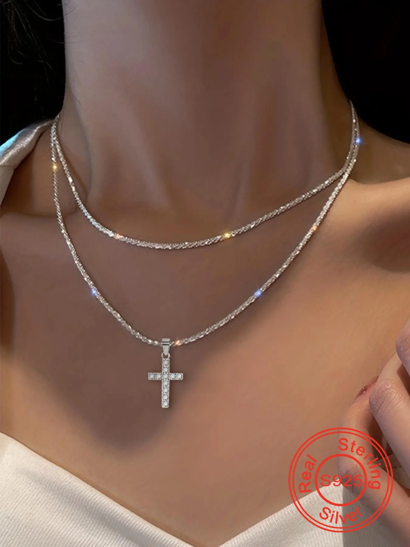 925 Sterling Silver Glitter Cross Pendant Necklace for Women, Gifts for Girlfriend, Fashion Double Layered Jewelry for Party, Daily Decor, Trendy All-match & Exquisite Jewelry for Birthday Gift Silver Jewelry, Cuban Link Chain, Multilayer Necklace
