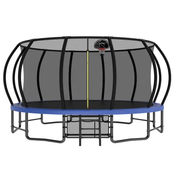 SAYGOGO 15FT Pumpkin-Style High-Bounce Outdoor Trampoline, ASTM Certified with Anti-Rust Galvanized Frame, Basketball Hoop, Ladder & Shoe Bag for Recreational Use, High-Bounce Outdoor Trampolines