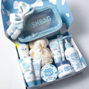 milk skincare set, including cleanser, eye cream, moisturizer, sun cream, hand wax, hand cream, body lotion, body scrub, towel, soft hair tie, cosmetic bag, gift box, skin care kit