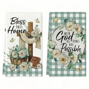 2-Piece Cross Floral St Patrick Kitchen Towels, Super Absorbent Reusable Durable Easy Clean Dish Drying Cloth & Hand Towel Set, Perfect Gift for Neighbors, Friends, Mom, Birthday
