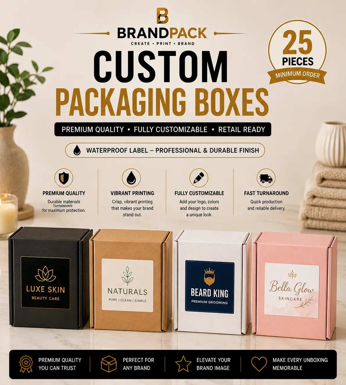 Custom Packaging Boxes | Premium Waterproof Label - 25 Pieces
