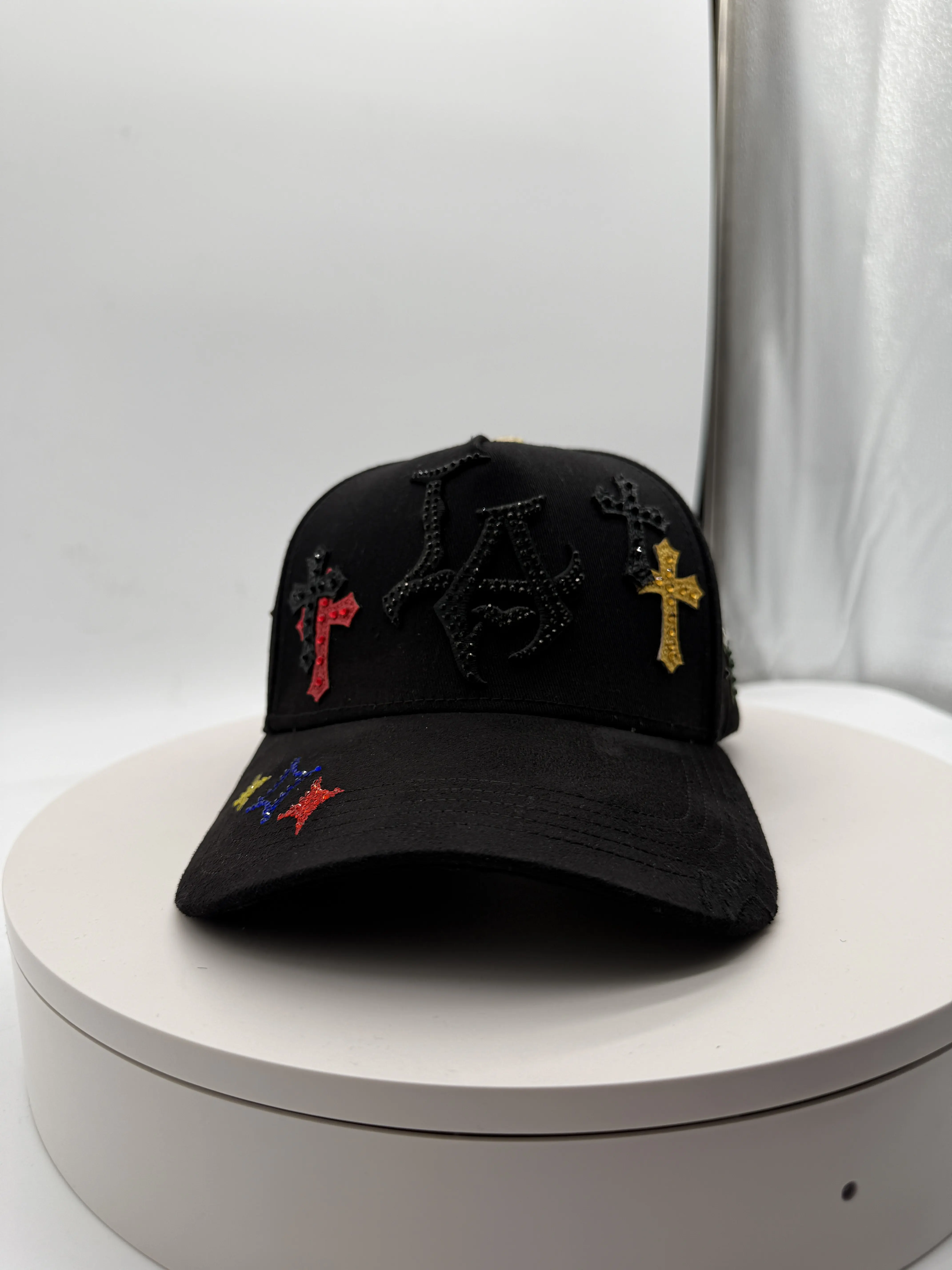 Fully Diamond out LA Hat (LA Design WITH Rhinestones) and (Color Crosses with Rhinestones) on them and Rhinestones around the crown"The Last Supper" Hat
