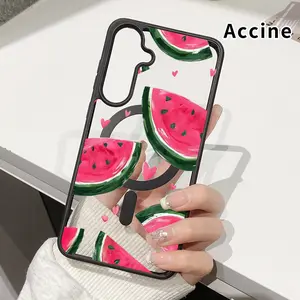 Magnetic Case Compatible with Galaxy S23 Ultra S24 Plus S25 S22+ FE Juicy Watermelon Hearts Pattern Acrylic Transparent Anti-Scratch wireless charging compatible Phone Back Cover for Girl