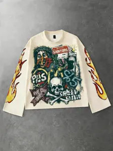 Y2K graffiti printed long sleeved T-shirt for both men and women, Unisex, with flared sleeves, featuring geometric pattern, European and American street style round neck long sleeved shirt, fashionable Streetwear T-shirt