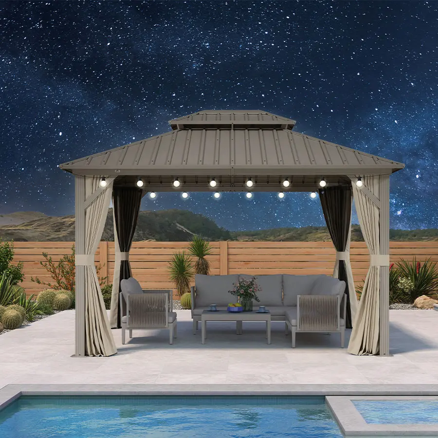 PURPLE LEAF Outdoor Hardtop Gazebo with Champagne Galvanized Steel Frame, Double All Weather Mesh-Removable Roof, Curtains, Netting, Lights for Poolside - Gazebo Frame Patio Shading Net Outdoor Furniture Sets (Milky), All Weather Canopy