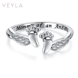 Adjustable Letter&Wing Design Cuff Ring, Fashionable Jewelry for Women, Unique Angel Wing & Foot Shape, "Mommy of an Angel" Engraving Open hug rings, Elegant All-match Accessories for Daily Wear, Perfect Gift for Mom, Girlfriend, Wife, or Friend - Veyla