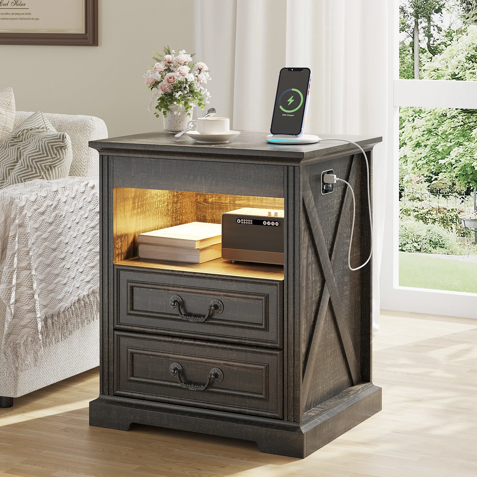 Dystler Farmhouse Bedside Table (Built-In, Dual-Use, Flat-Top) – Gun Drawer, 2 Drawers, Charging Station, LED Light with Human Sensor, Rustic Brown End Table for Bedroom, Built-In Bedside Tables, Dual-Use Bedside Tables