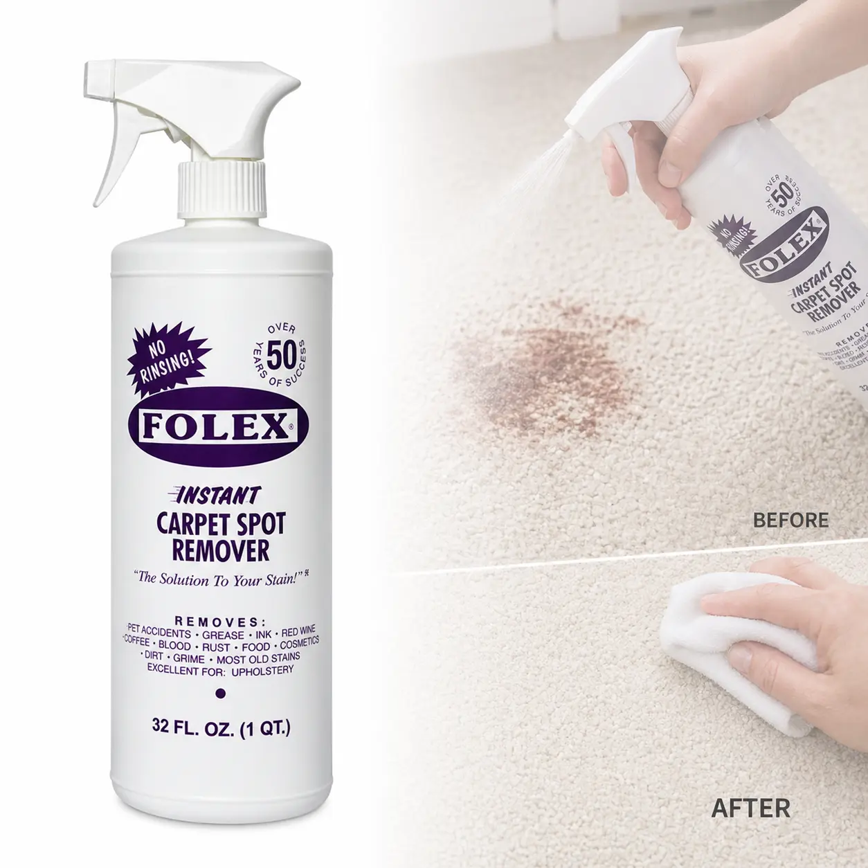 Folex 32 oz. Instant Carpet Spot Remover Carpet Cleaner, upholstery cleaner, stain remover, pet stain remover, urine remover, grease remover, oil stain remover, ink remover, red wine stain remover, coffee stain remover, blood remover,rust remover