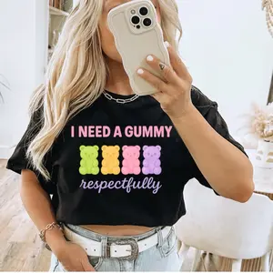 Respectfully I Need A Gummy T-Shirt - Womenswear Black Graphic Tee with Rainbow Gummy Bears Design Streetwear Tshirt Top Crewneck Casual
