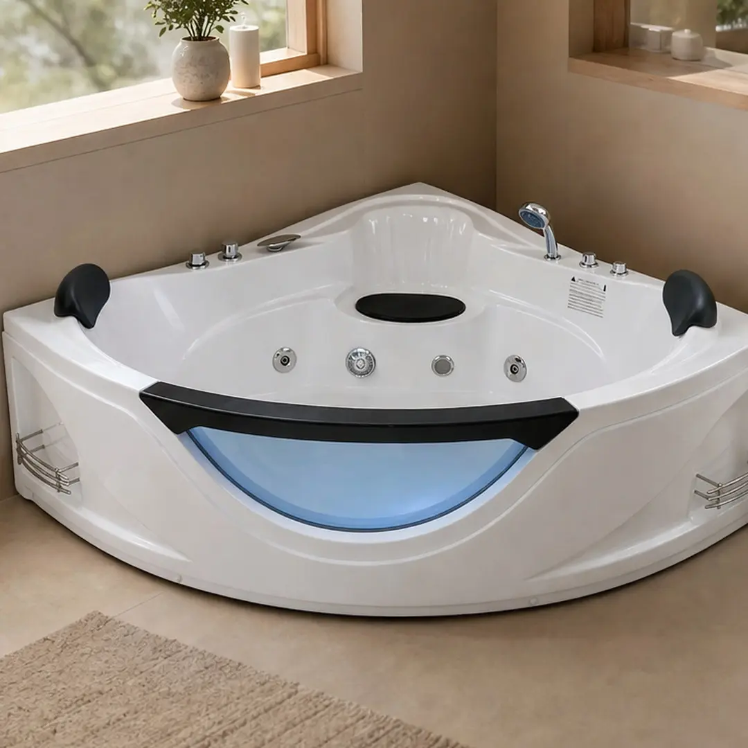 Modern 59-Inch 2-Person Corner Circulating Acrylic Jetted Bathing Tub for Bathroom, Overflow, 6 Hydro Massage Jets, Chromatherapy LED Lights, Pneumatic Adjust System, UL Certified Pump, UPC Certified Drainer, Milk White