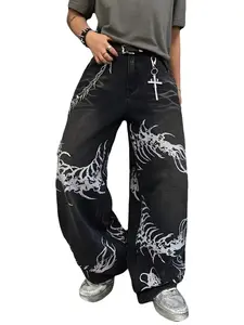 UPTHE Men's Hip Hop Baggy Jeans Gothic Print Baggy Jeans Loose Fit Denim Pants Streetwear Y2K Aesthetic Menswear Fashion