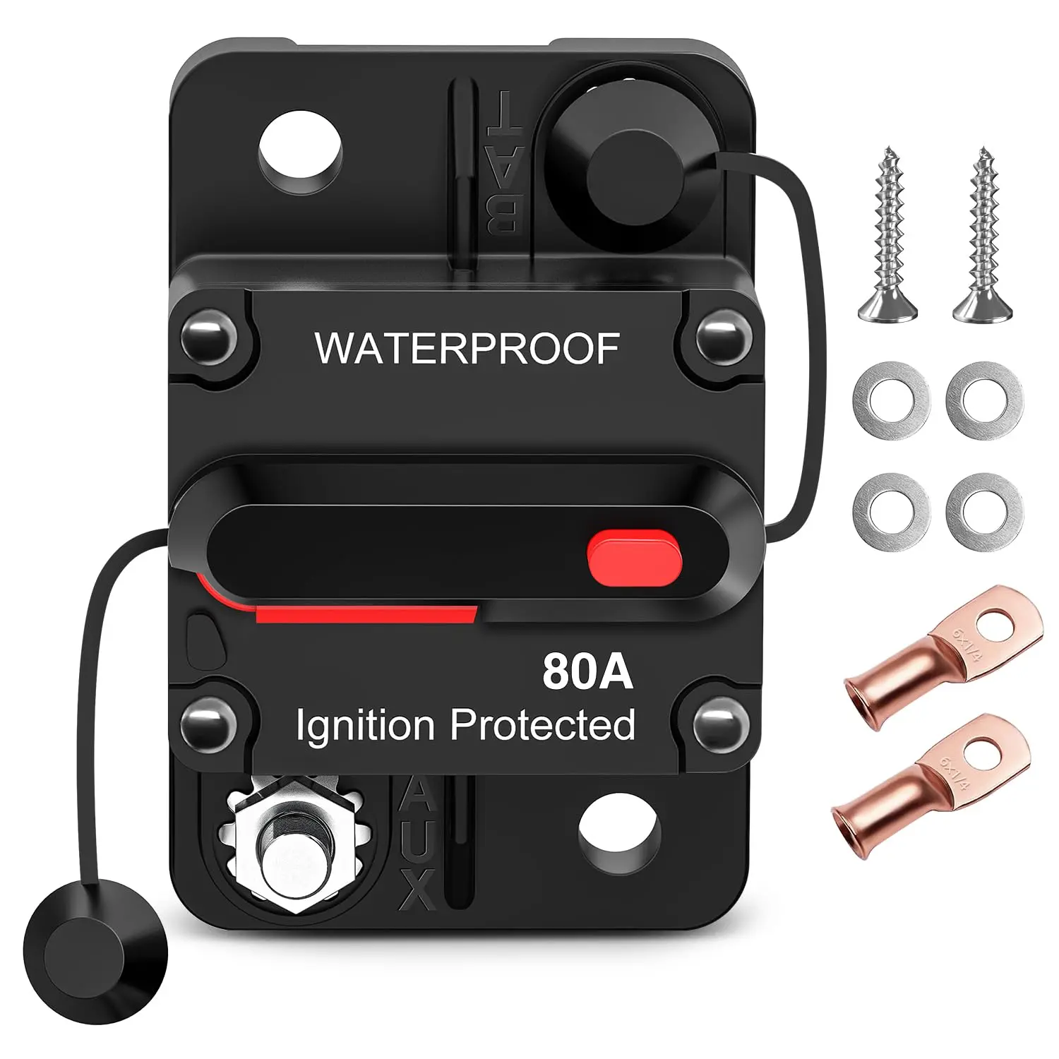 Nilight 80A Resettable Circuit Breaker - 12-48V DC, Manual Reset Button, Copper Wire Lugs, Surface Mount, Overload Protection, 2 Hex Screws Accessory, for Boat, Marine, Transportation, Low-Voltage Use, 2-Year Warranty